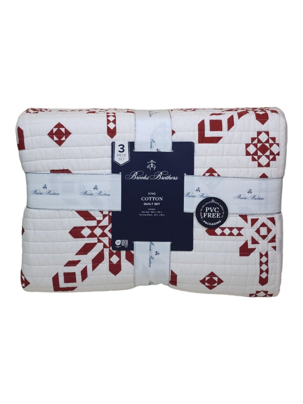 Brooks Brothers 3-Piece King Cotton Quilt Set 2 Shams Red & White Snowflakes